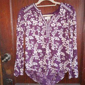 Lucky Brand Long Sleeved Floral Boho Top Small Hi Lo Purple Cream
